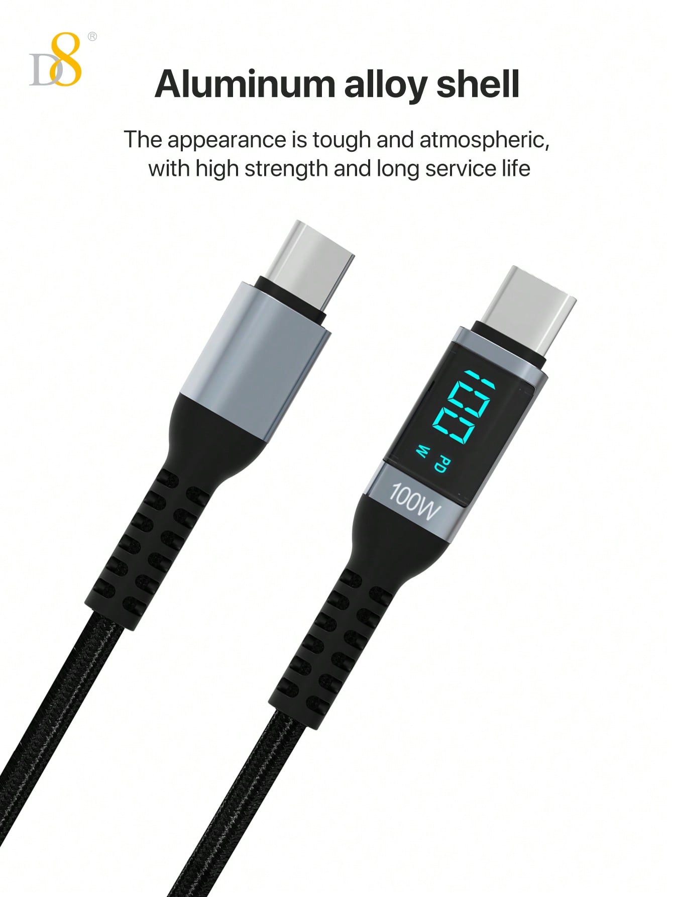 D8 USB-C Cable, 1.2M, 100W/5A Fast Charge, LED Display for iPhone & Samsung