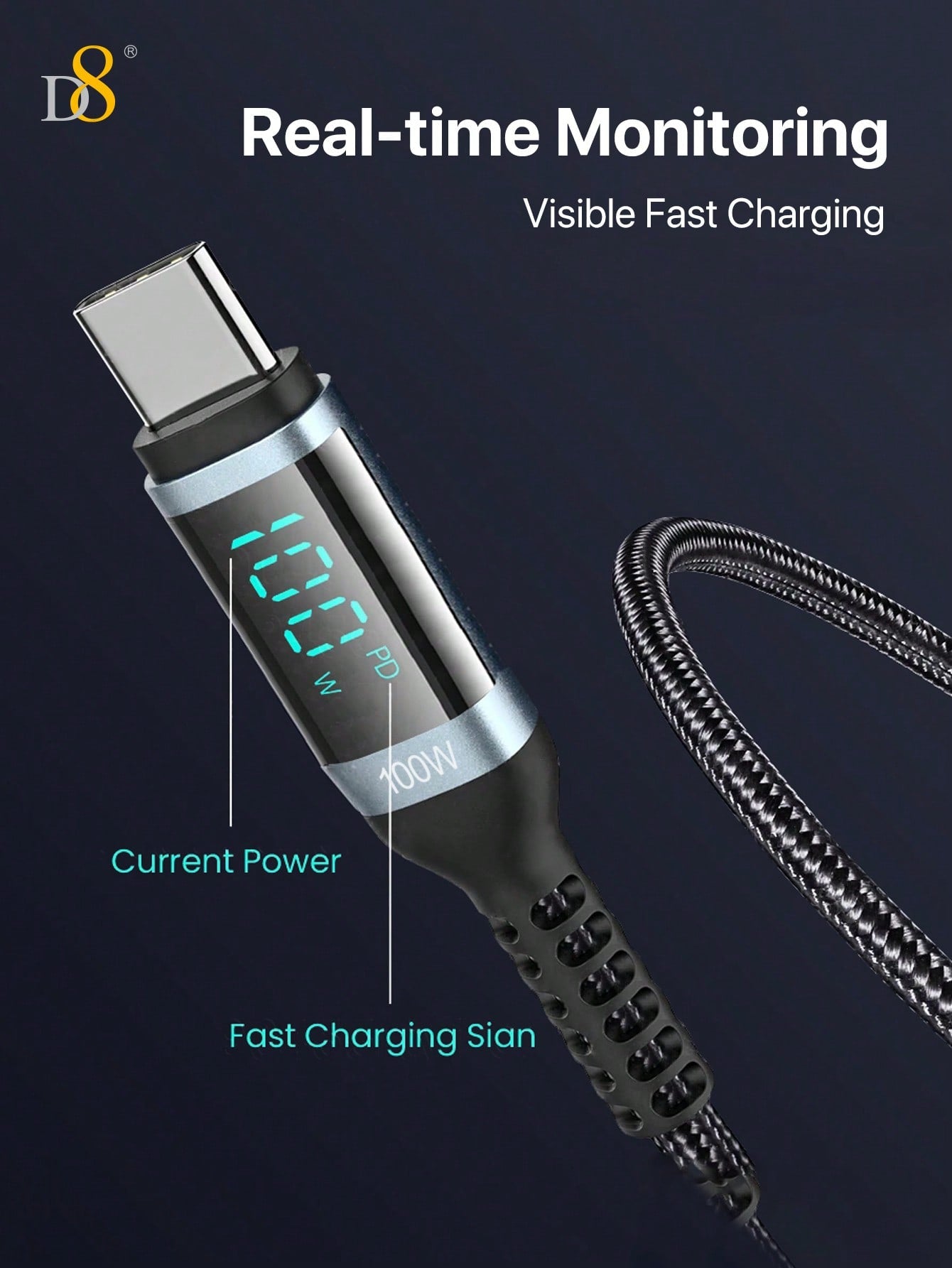 D8 USB-C Cable, 1.2M, 100W/5A Fast Charge, LED Display for iPhone & Samsung