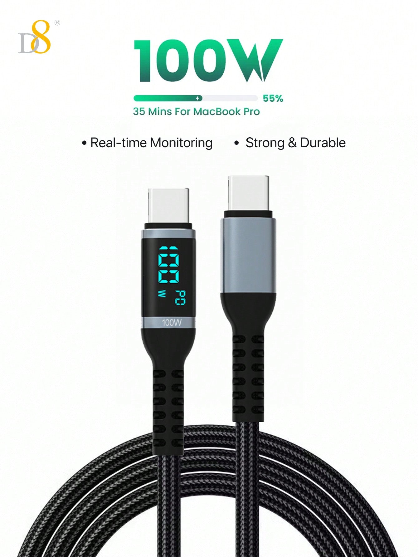 D8 USB-C Cable, 1.2M, 100W/5A Fast Charge, LED Display for iPhone & Samsung