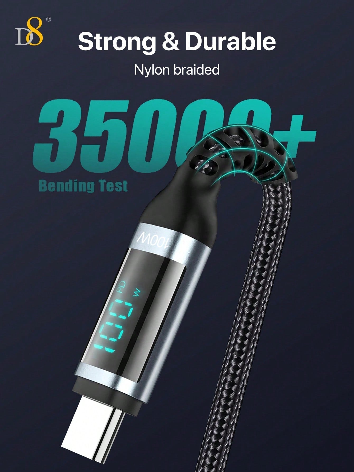 D8 USB-C Cable, 1.2M, 100W/5A Fast Charge, LED Display for iPhone & Samsung
