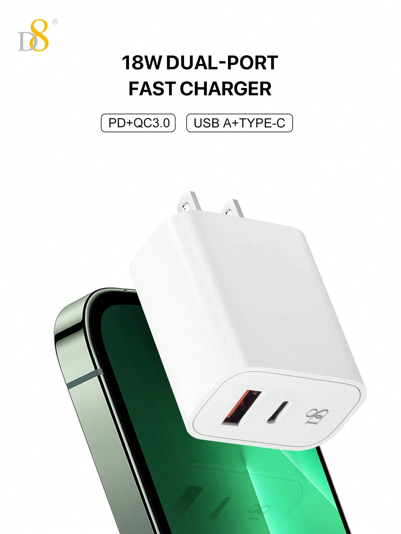 D8 20W USB C Dual Port PD Fast Charger - Type C Wall Adapter for iPhone 15, Galaxy, iPad Pro & More