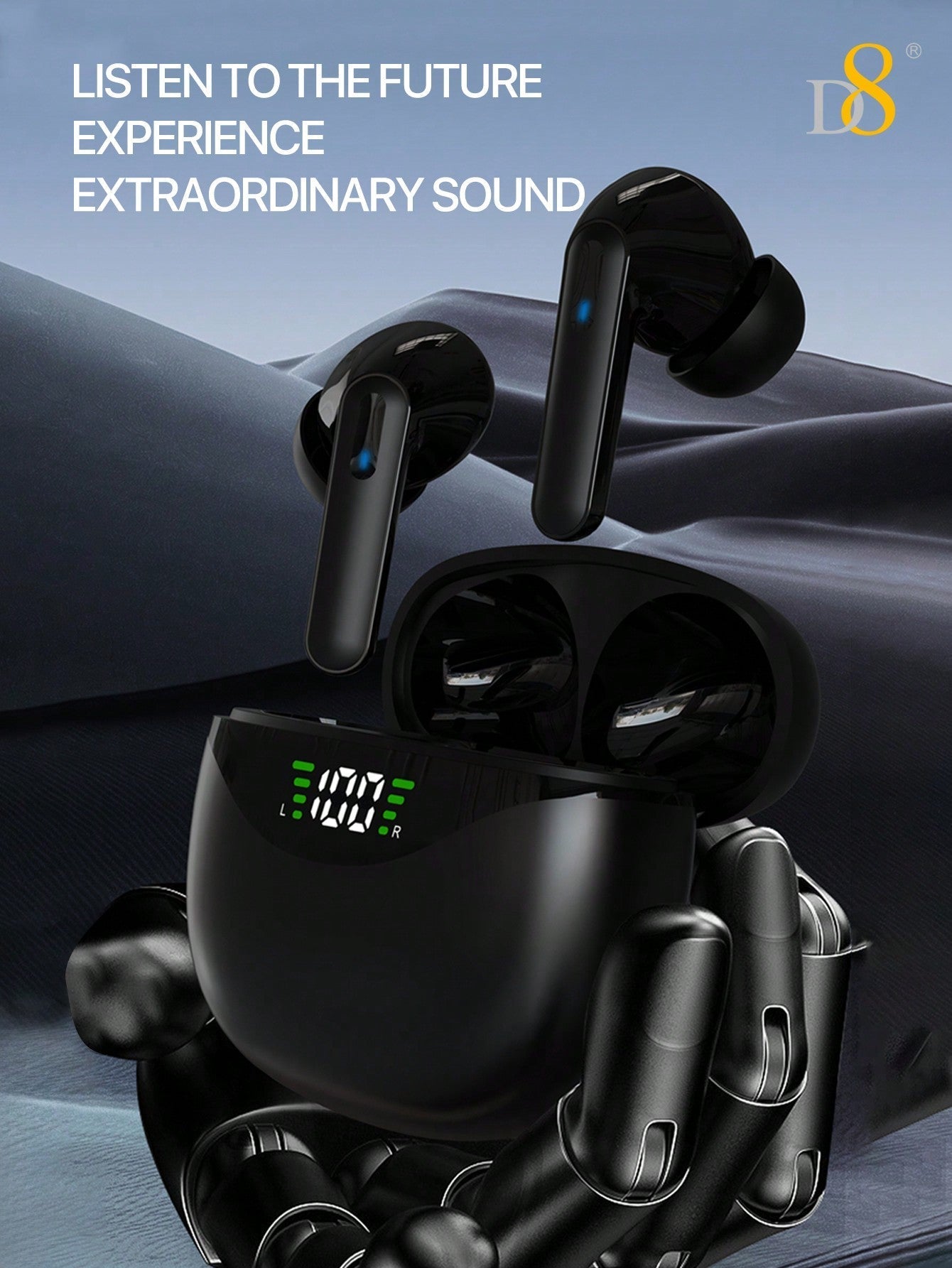 D8 Wireless Earbuds, HiFi Stereo, 5H Playtime, LED Display, iPhone/Android