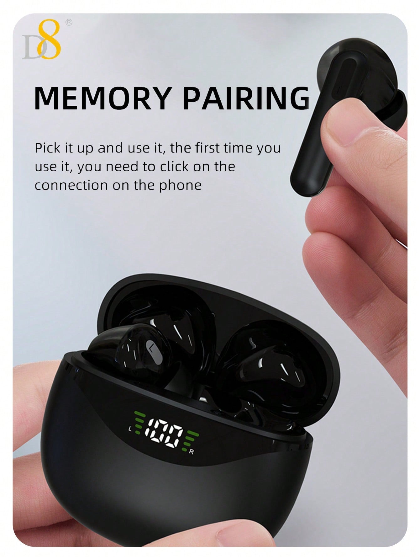 D8 Wireless Earbuds, HiFi Stereo, 5H Playtime, LED Display, iPhone/Android