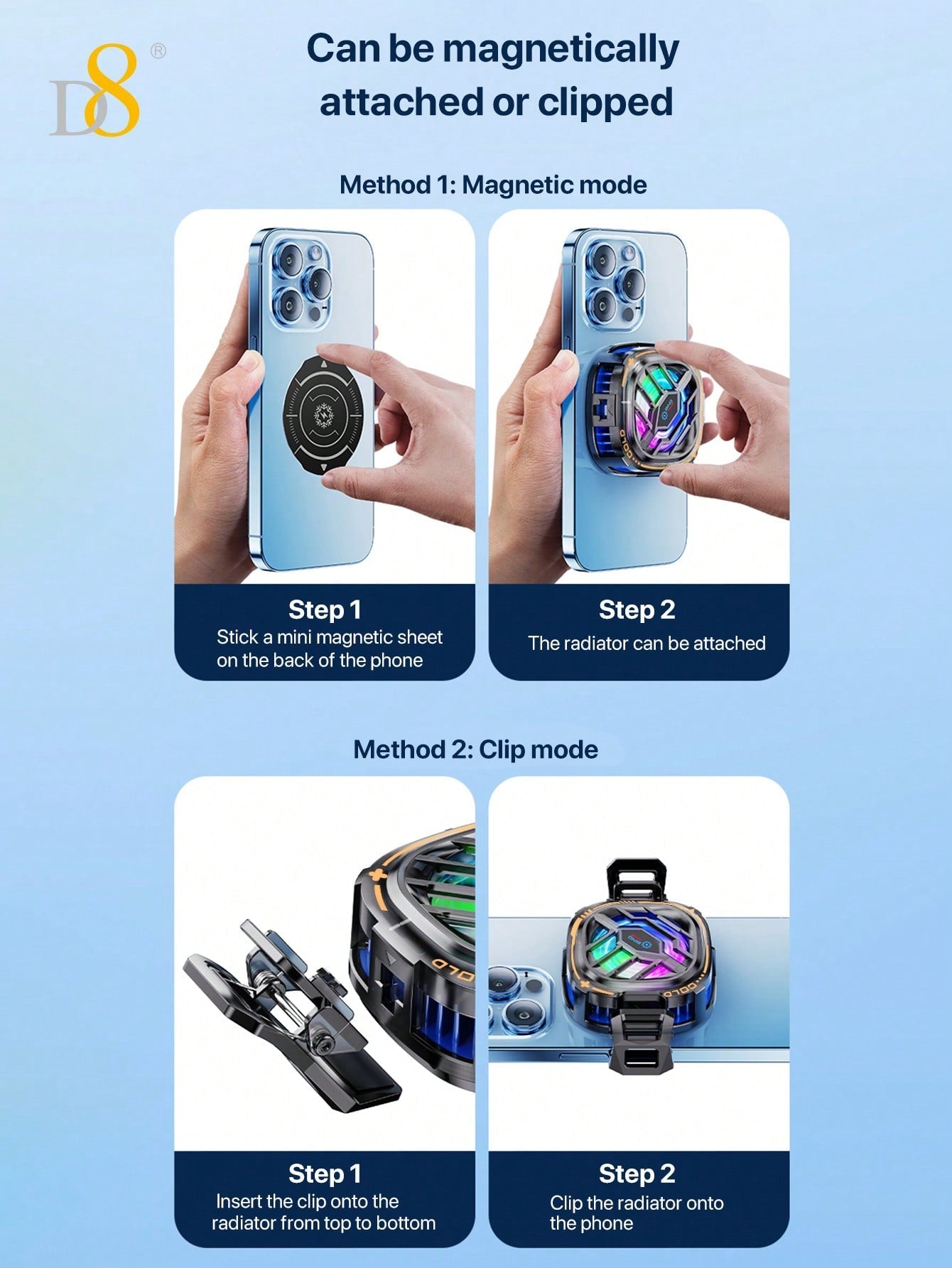 D8 Phone Cooler, Dual Semiconductor, 6-8cm Phones, Live Streaming & Gaming