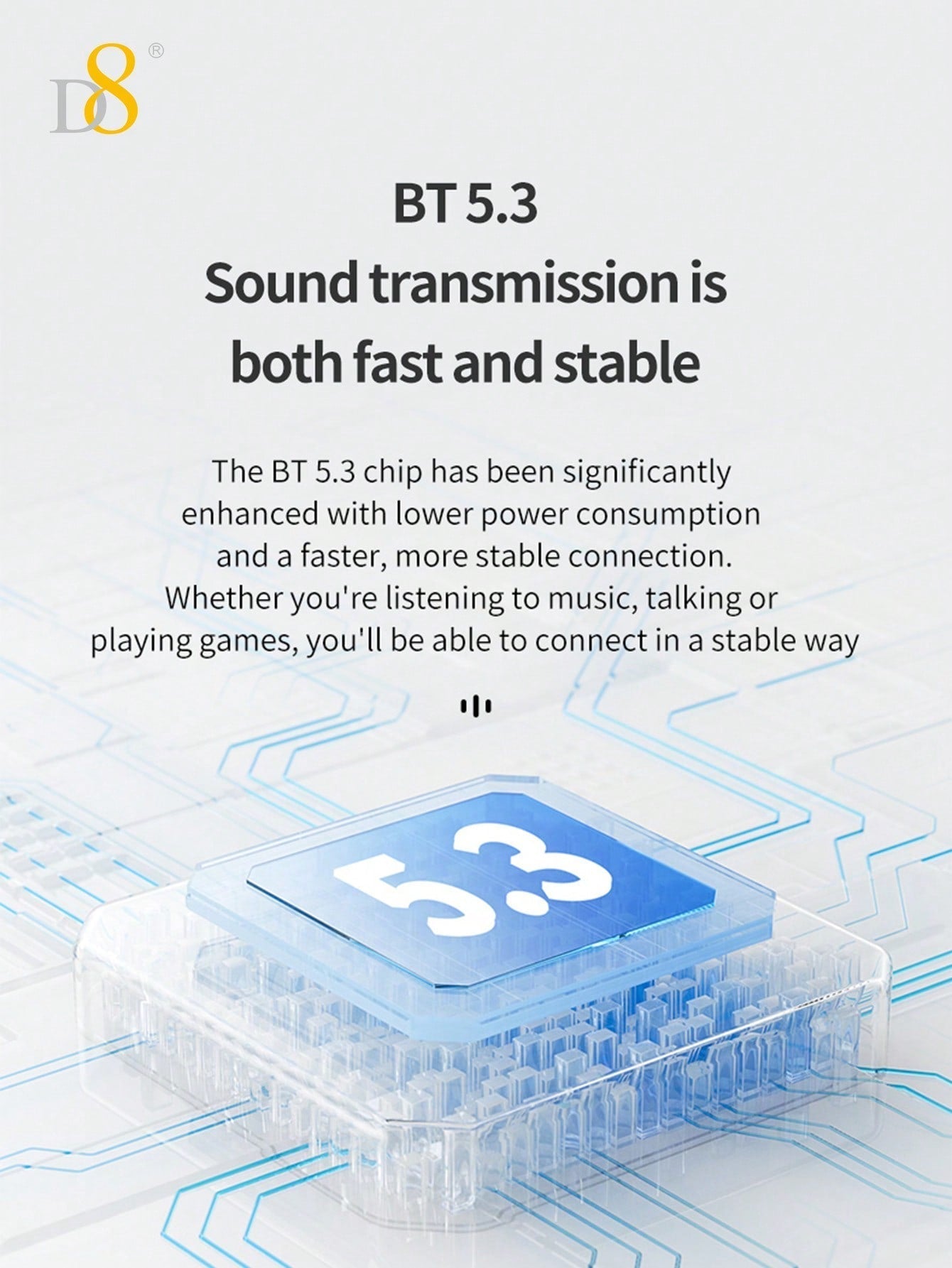 D8 Wireless Earbuds, Stereo Bass, 13mm Drivers, 4H Play, USB-C Charging