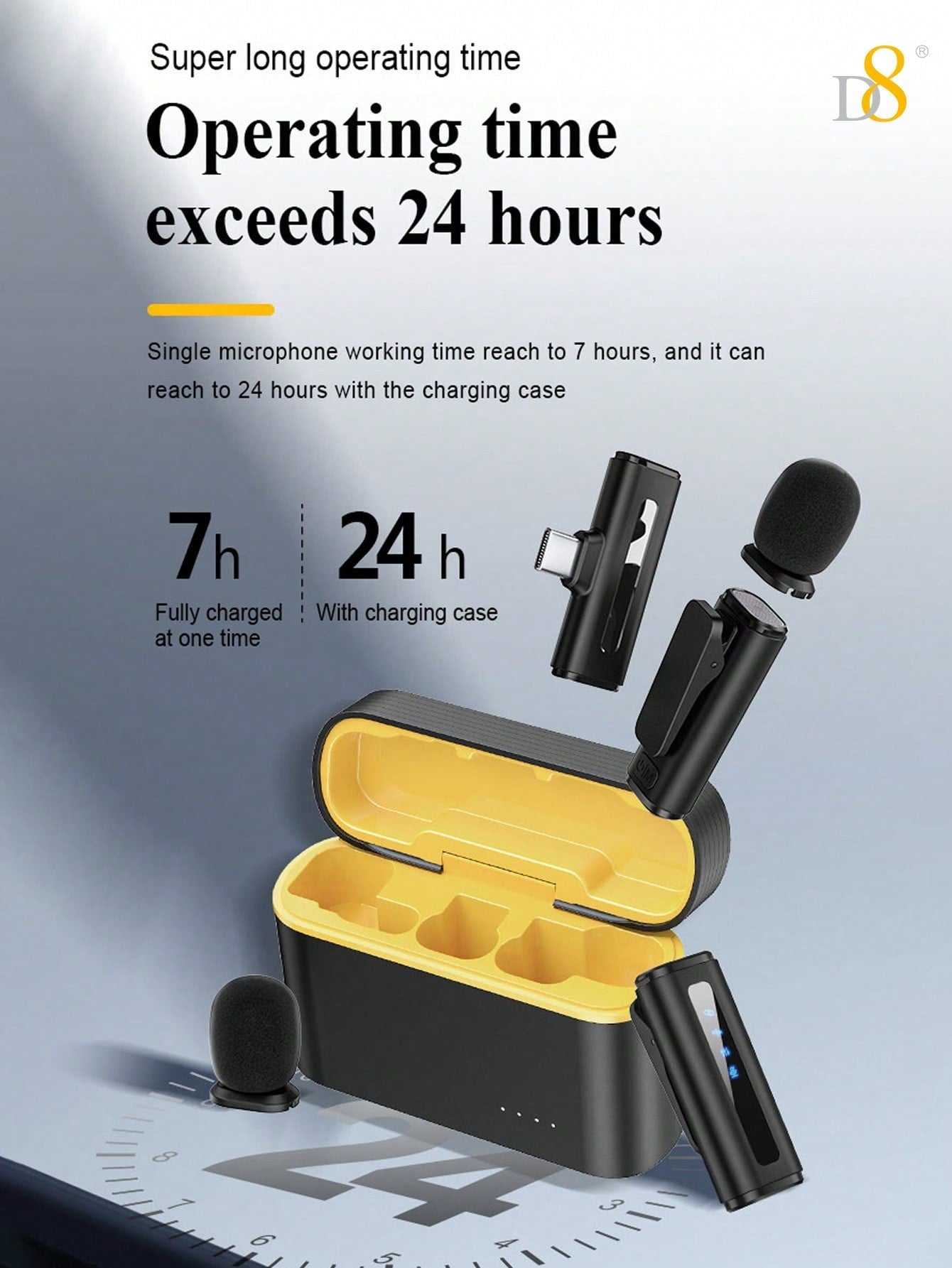 D8 Wireless Lavalier Mic, Auto Sync, Noise Reduction, 24H Battery, USB-C