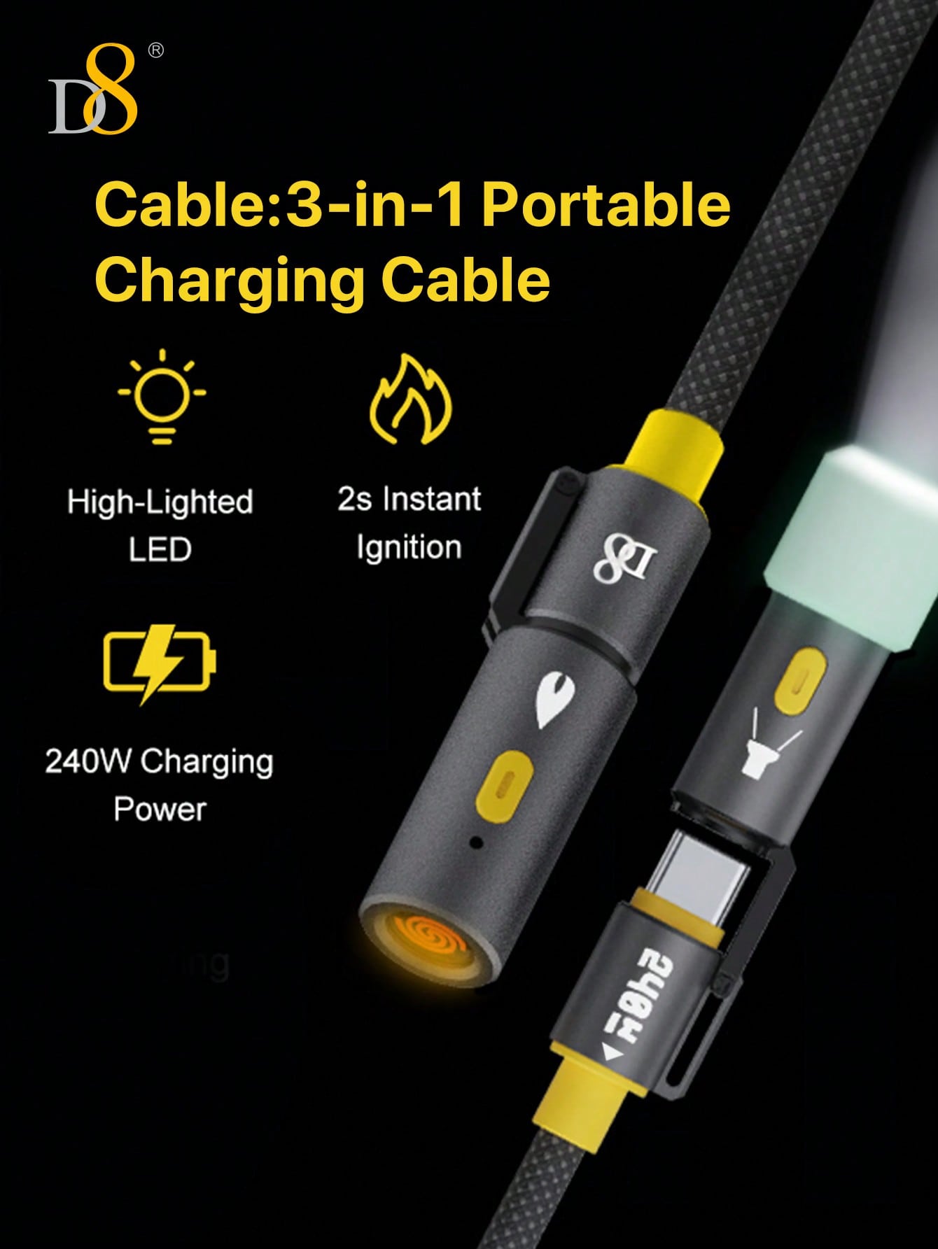 D8 240W All-In-1 Portable Charging Cable, USB C to USB C, LED Lighting & Precision Heating Element
