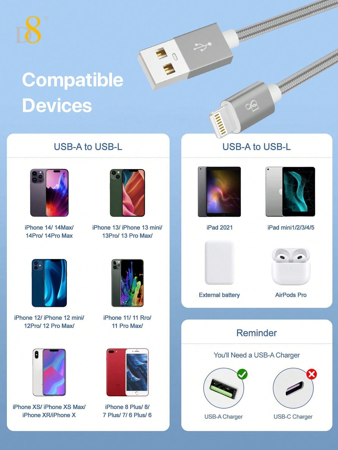 D8 3.3ft Premium Nylon USB-A to Lightning Cable, MFi Certified iPhone Charger