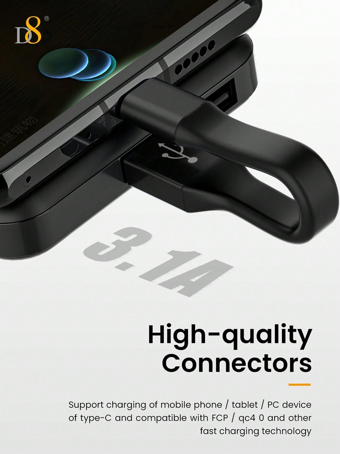 D8 USB C Keychain Cable 480Mbps, Short Charging Cable for Power Banks