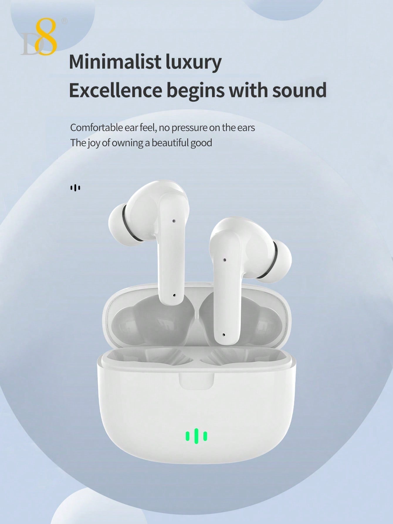 D8 Wireless Earbuds, Stereo Bass, 13mm Drivers, 4H Play, USB-C Charging