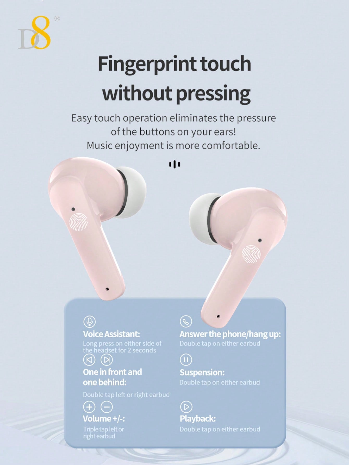 D8 Wireless Earbuds, Stereo Bass, 13mm Drivers, 4H Play, USB-C Charging