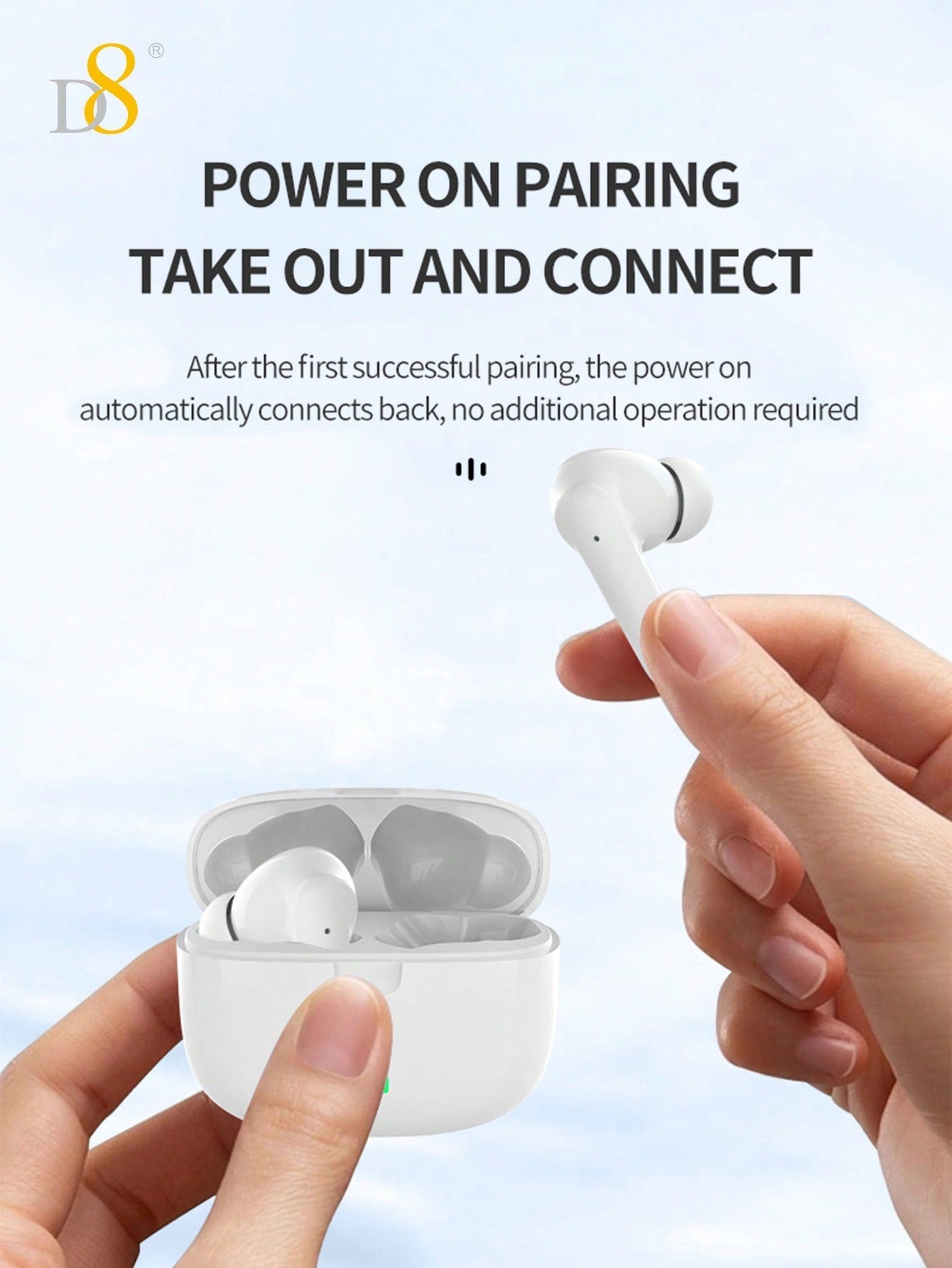 D8 Wireless Earbuds, Stereo Bass, 13mm Drivers, 4H Play, USB-C Charging