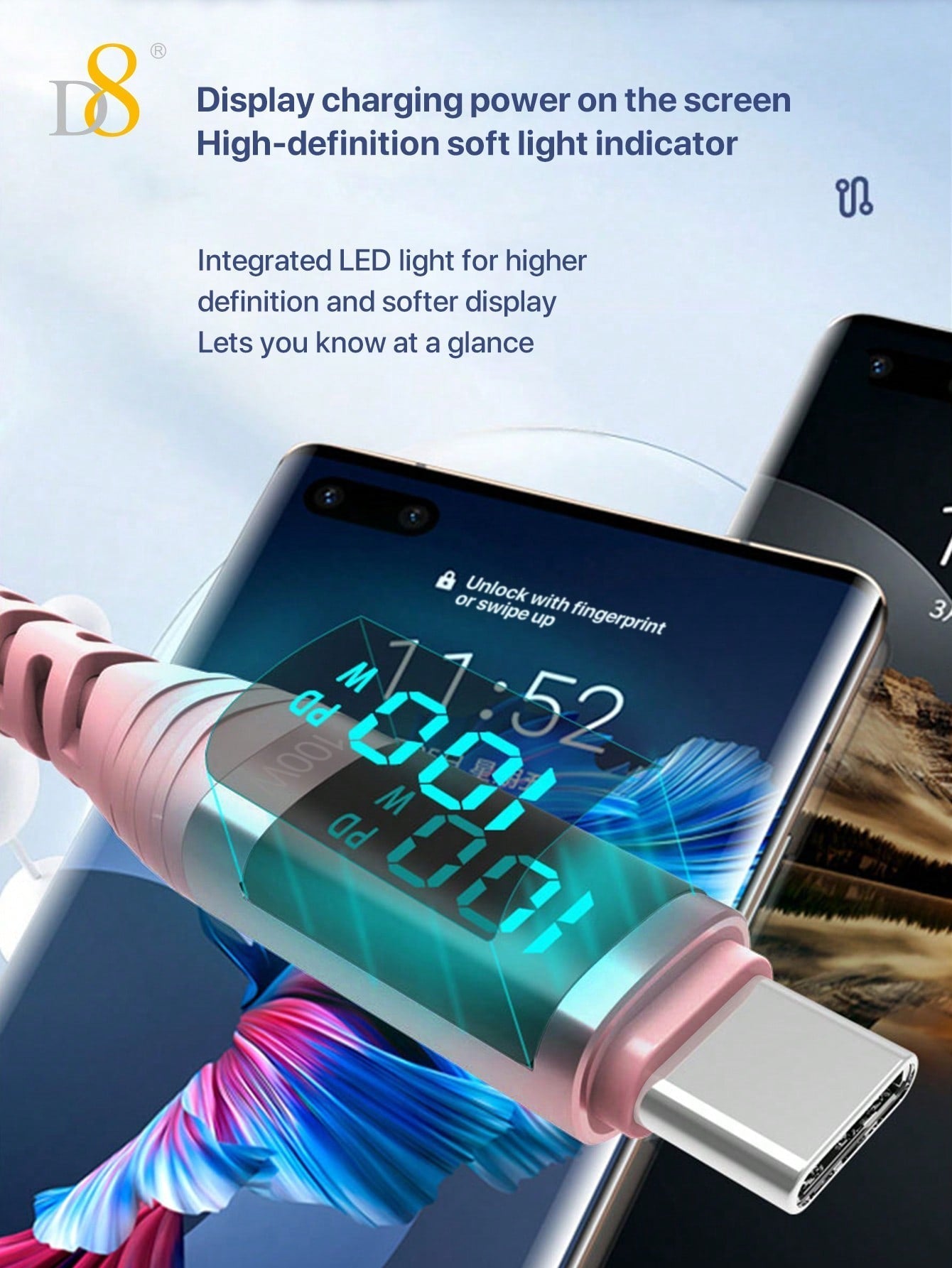 D8 USB-C Cable, 100W/5A Fast Charger with LED Display for iPhone/Galaxy/iPad