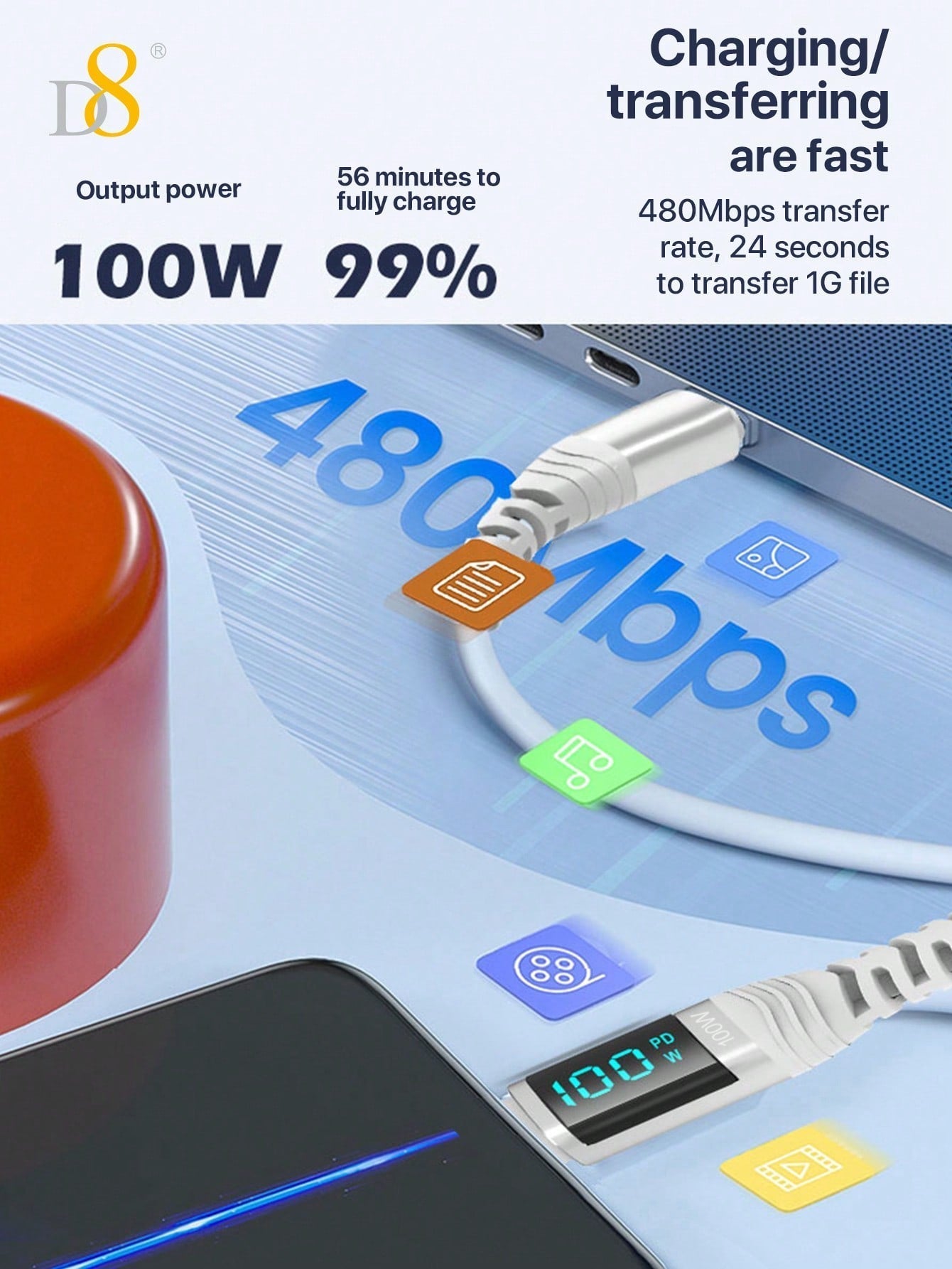 D8 USB-C Cable, 100W/5A Fast Charger with LED Display for iPhone/Galaxy/iPad