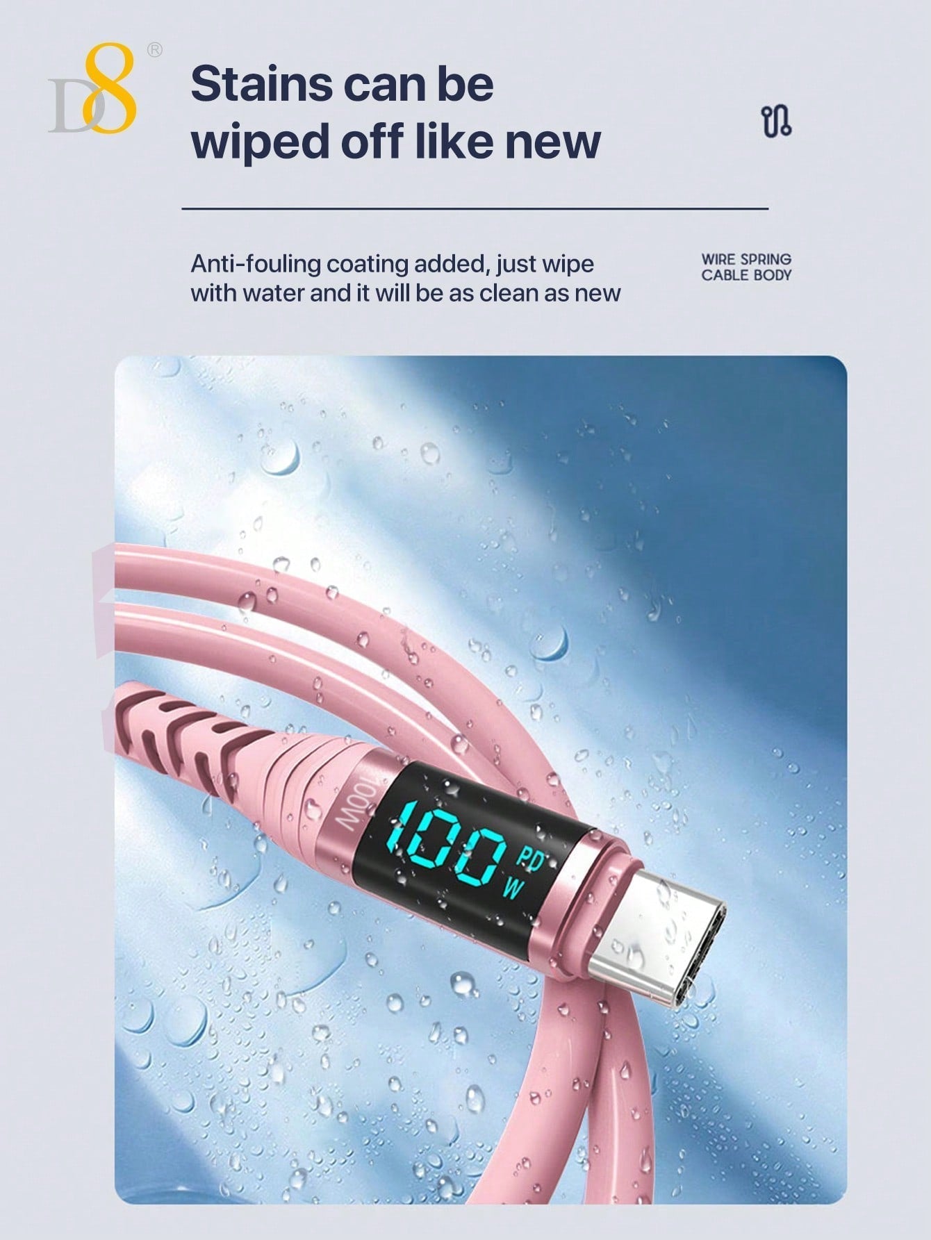 D8 USB-C Cable, 100W/5A Fast Charger with LED Display for iPhone/Galaxy/iPad
