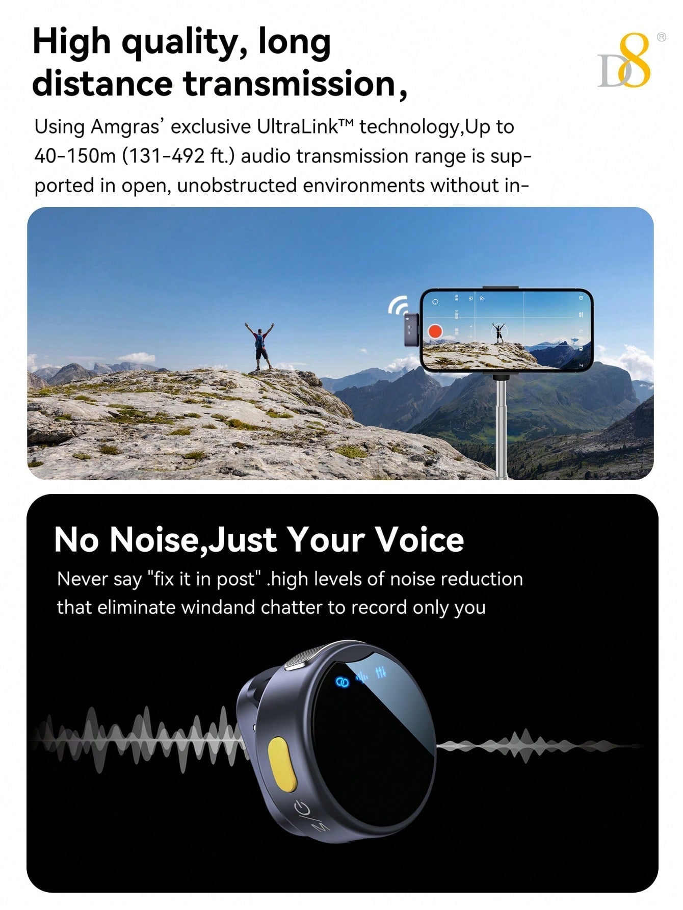 D8 Wireless Lavalier Mic, Auto Sync, Noise Reduction, 23H Battery, Pro Audio