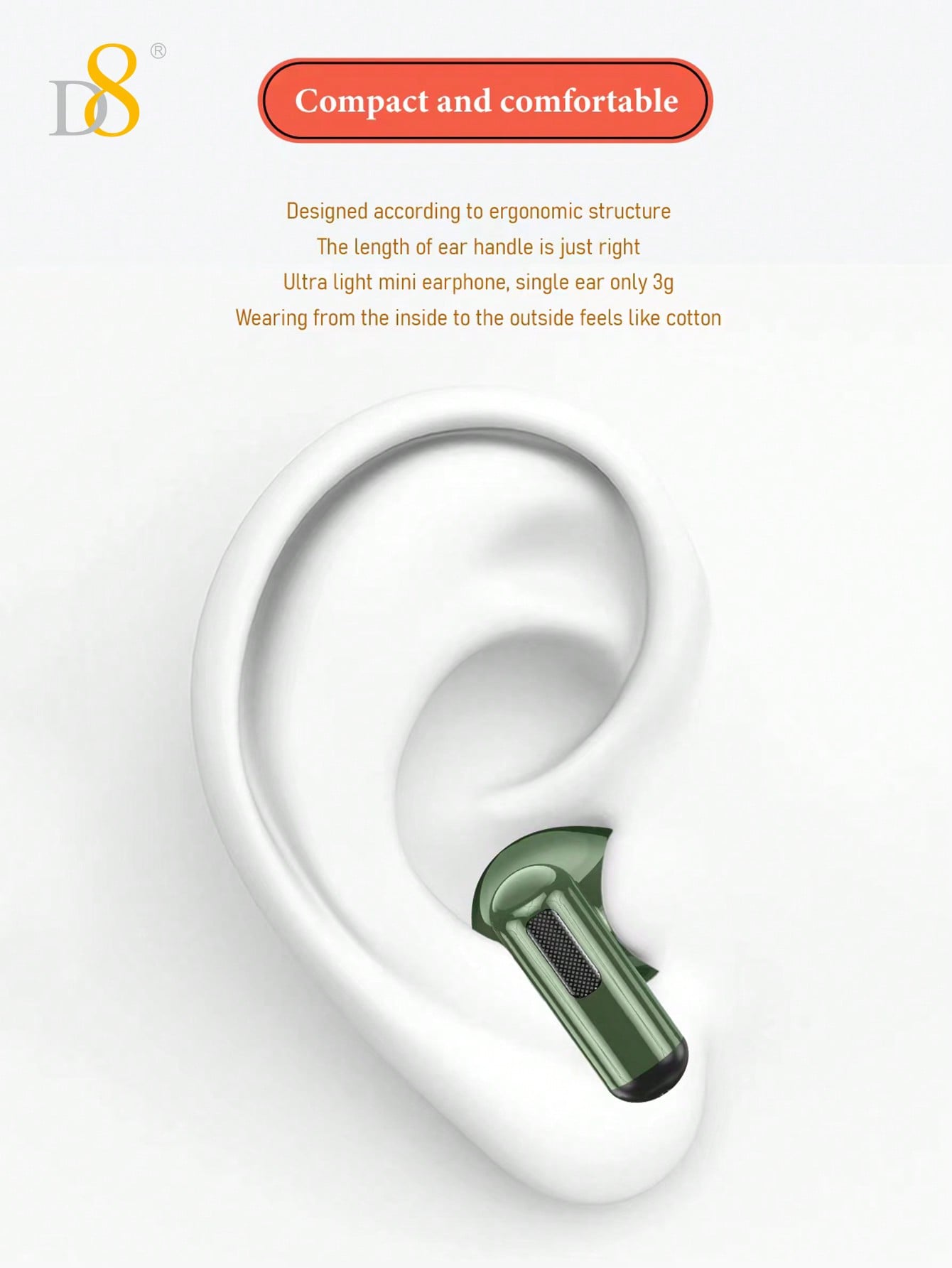 D8 Wireless Earbuds, Bass Stereo, LED Display, Mic, Button Control, Removable