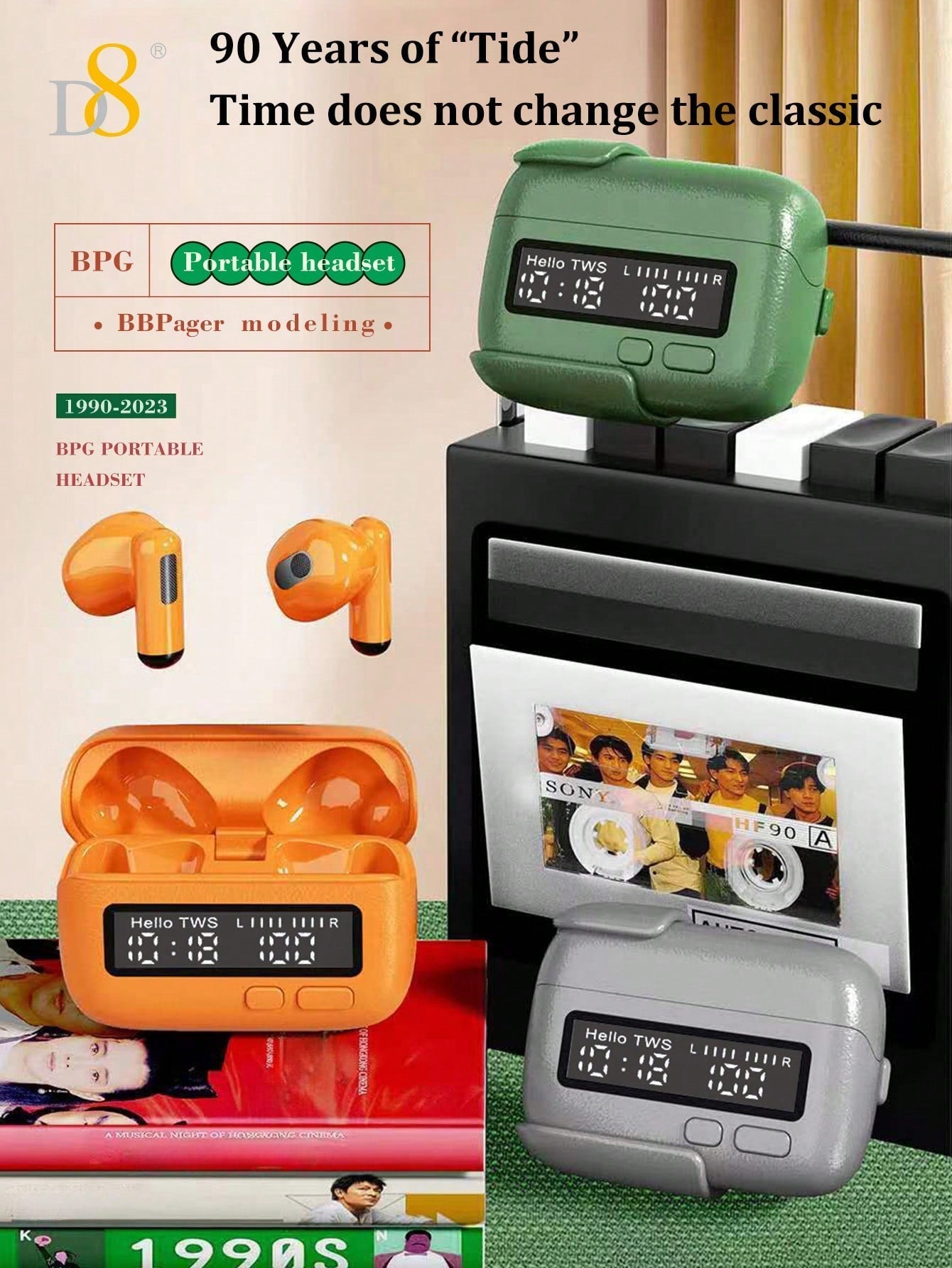 D8 Wireless Earbuds, Bass Stereo, LED Display, Mic, Button Control, Removable