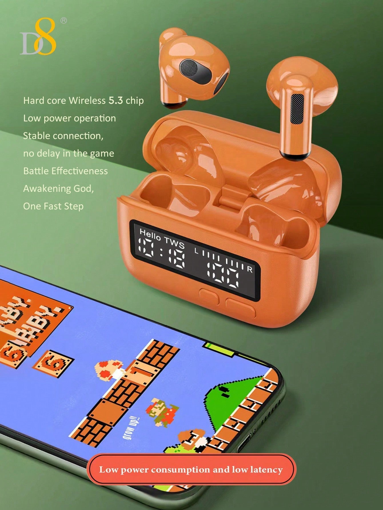 D8 Wireless Earbuds, Bass Stereo, LED Display, Mic, Button Control, Removable