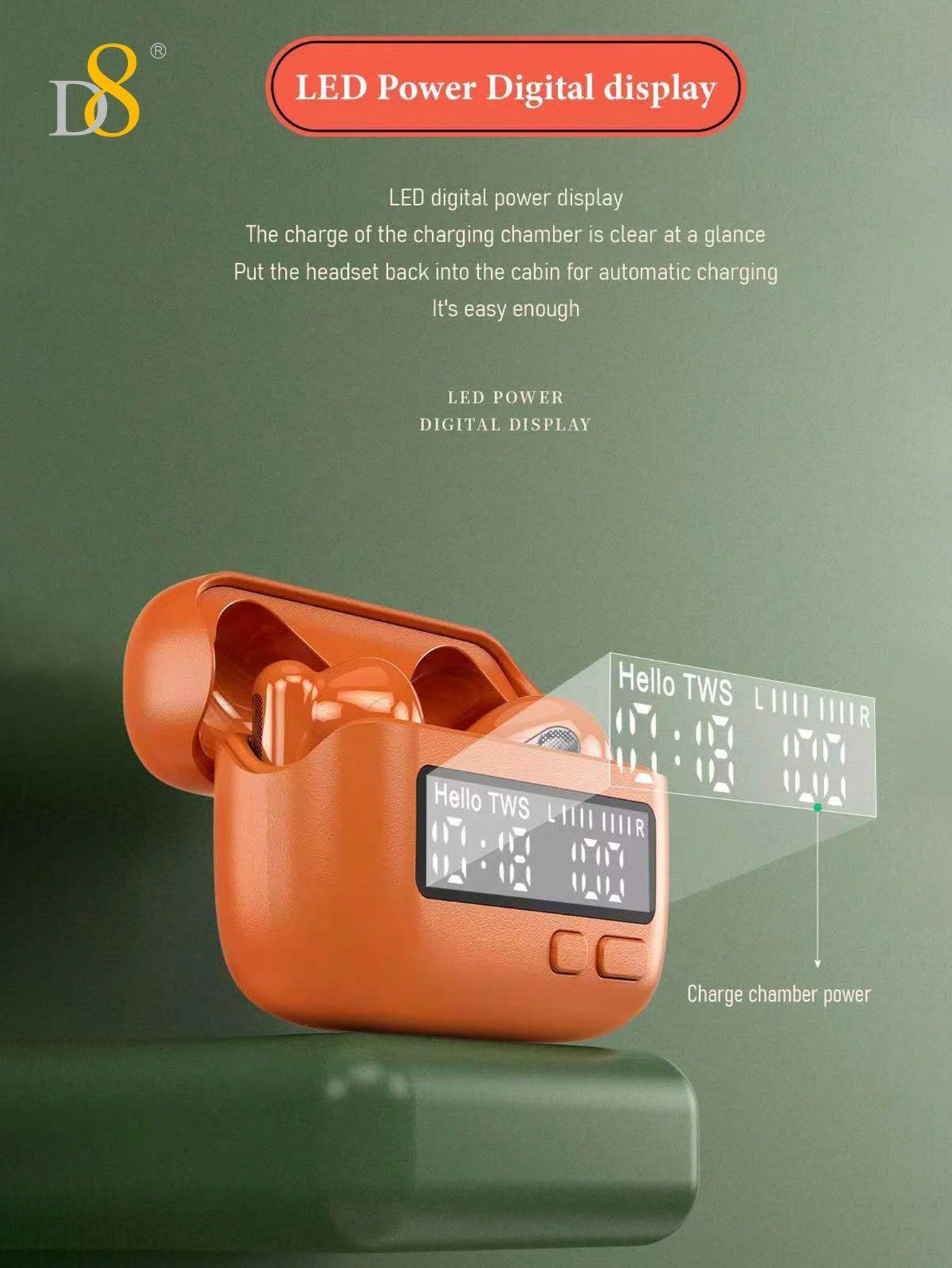 D8 Wireless Earbuds, Bass Stereo, LED Display, Mic, Button Control, Removable