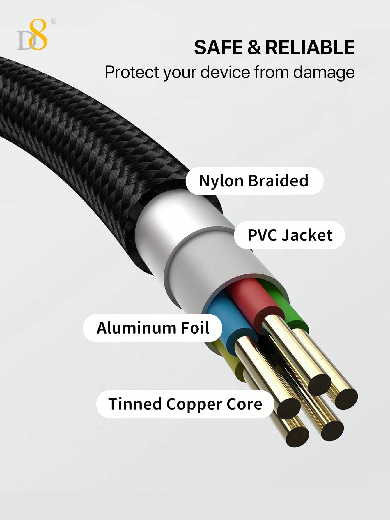 D8 3.3ft MFi Certified Nylon USB-A to Lightning Cable for iPhone & iPad