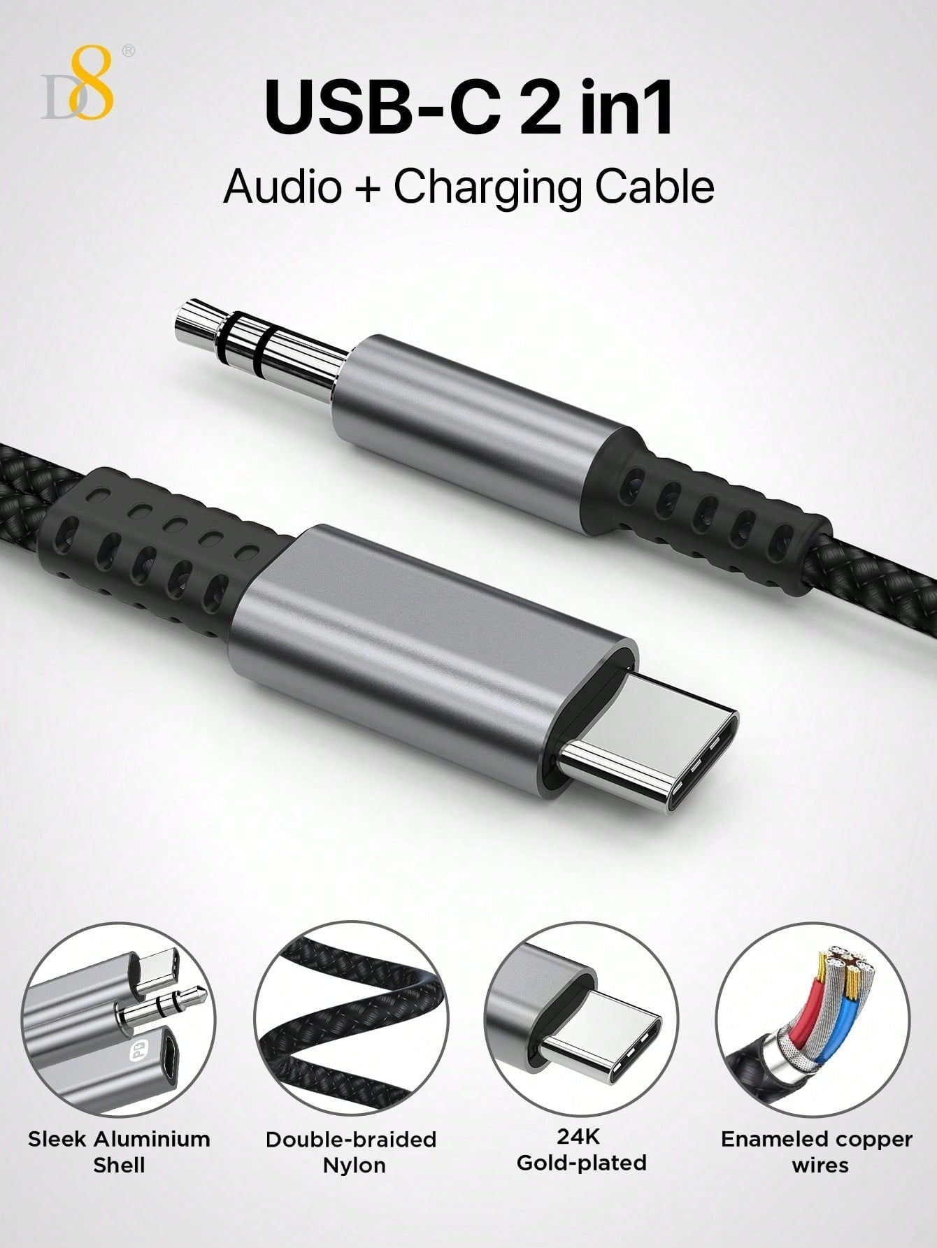 D8 USB-C to 3.5mm Aux & Charger, 2-in-1, 60W PD, for iPhone/Galaxy/Pixel