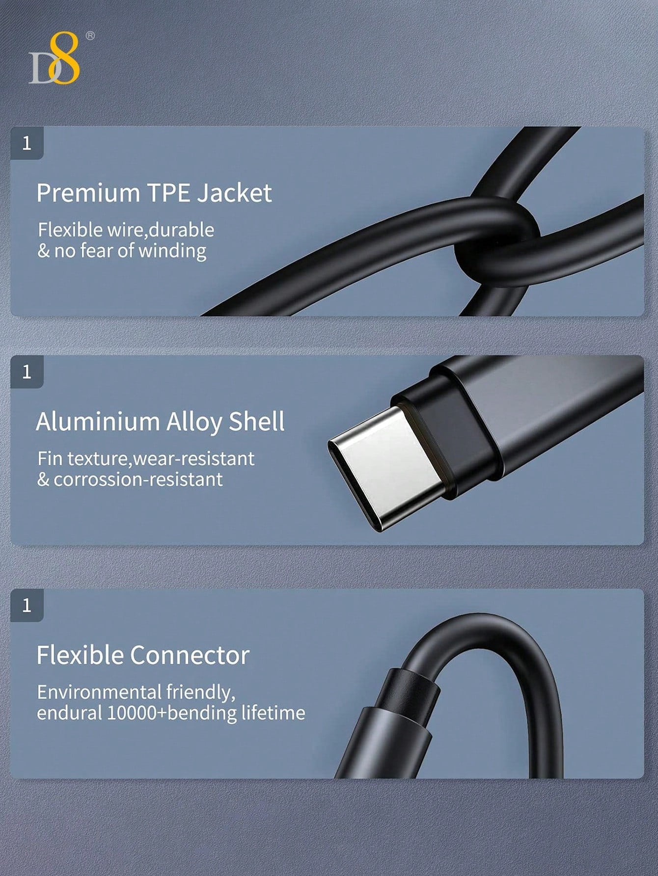 D8 USB-C to 3.5mm Aux Cable, 3.3FT, for iPhone/Galaxy/Pixel/iPad, Car Stereo