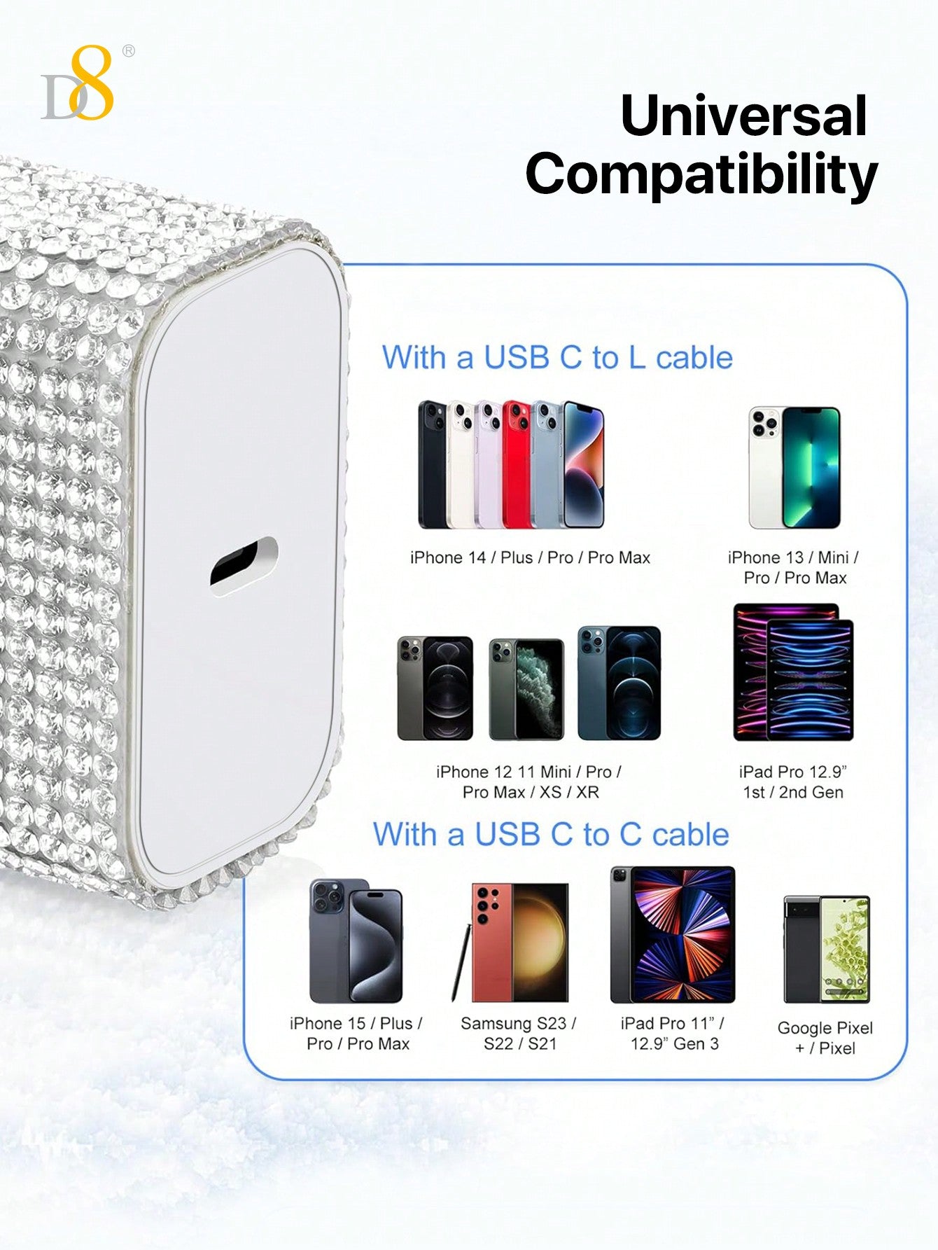 D8 Crystal Decoration Type C Charger, 20W PD USB Wall Charger Super Fast Charging Block /Crystal Decoration /USB-C Cord Phone Charger