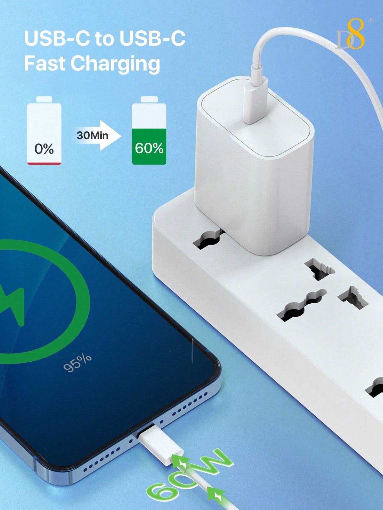 D8 USB-C Charger Cable (1M & 2M), 3A Fast Charging for MacBook/iPhone/Galaxy