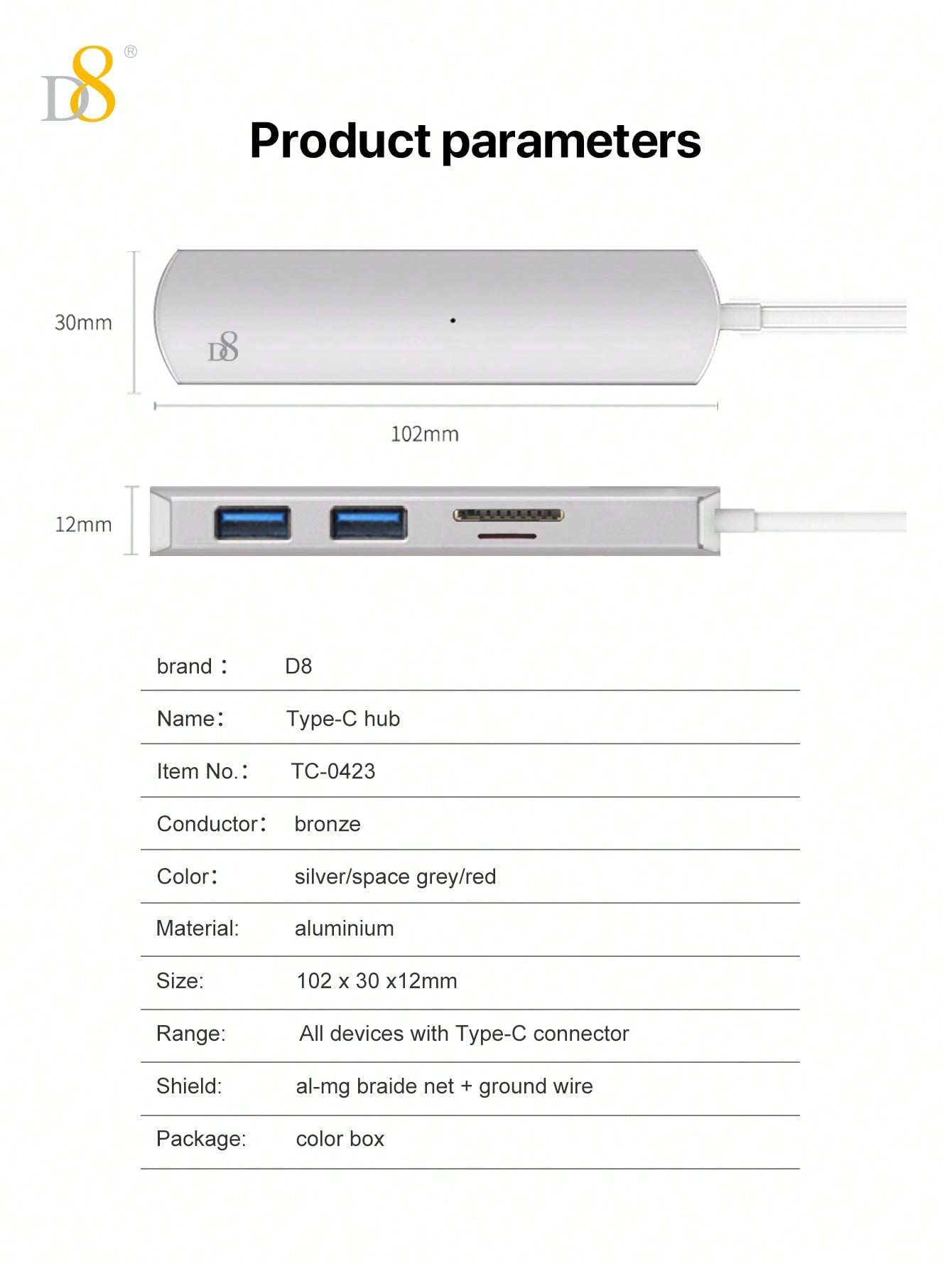 D8 4-in-1 USB C Hub - USB-C, 2 USB A 3.0, SD/TF Reader, 5Gbps, Aluminum Design