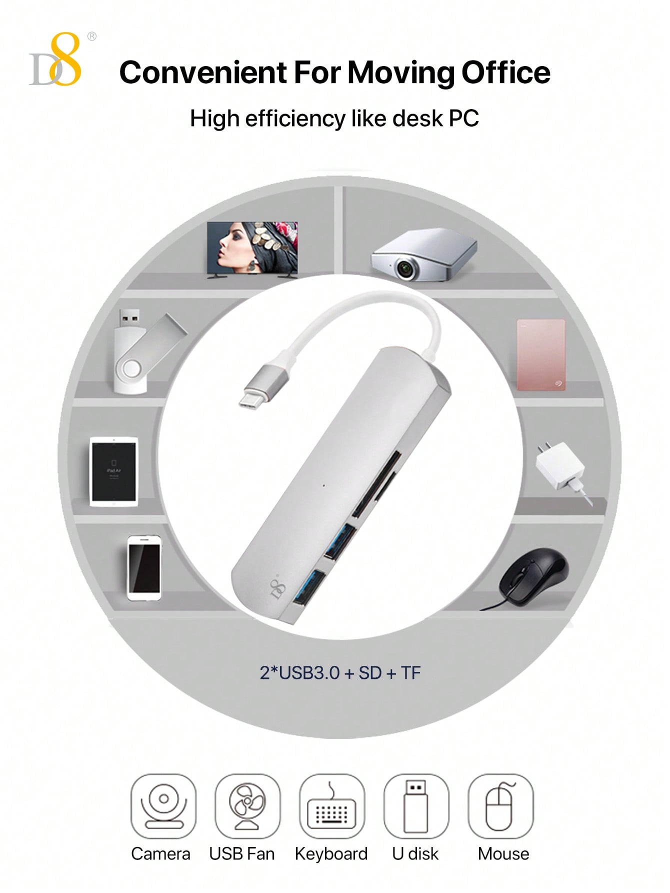 D8 4-in-1 USB C Hub - USB-C, 2 USB A 3.0, SD/TF Reader, 5Gbps, Aluminum Design