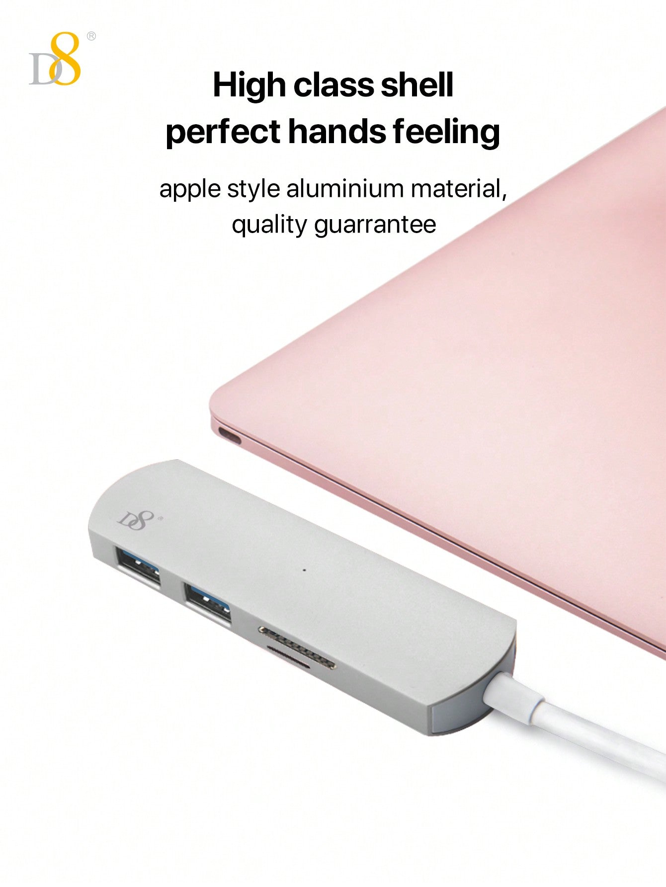 D8 4-in-1 USB C Hub - USB-C, 2 USB A 3.0, SD/TF Reader, 5Gbps, Aluminum Design