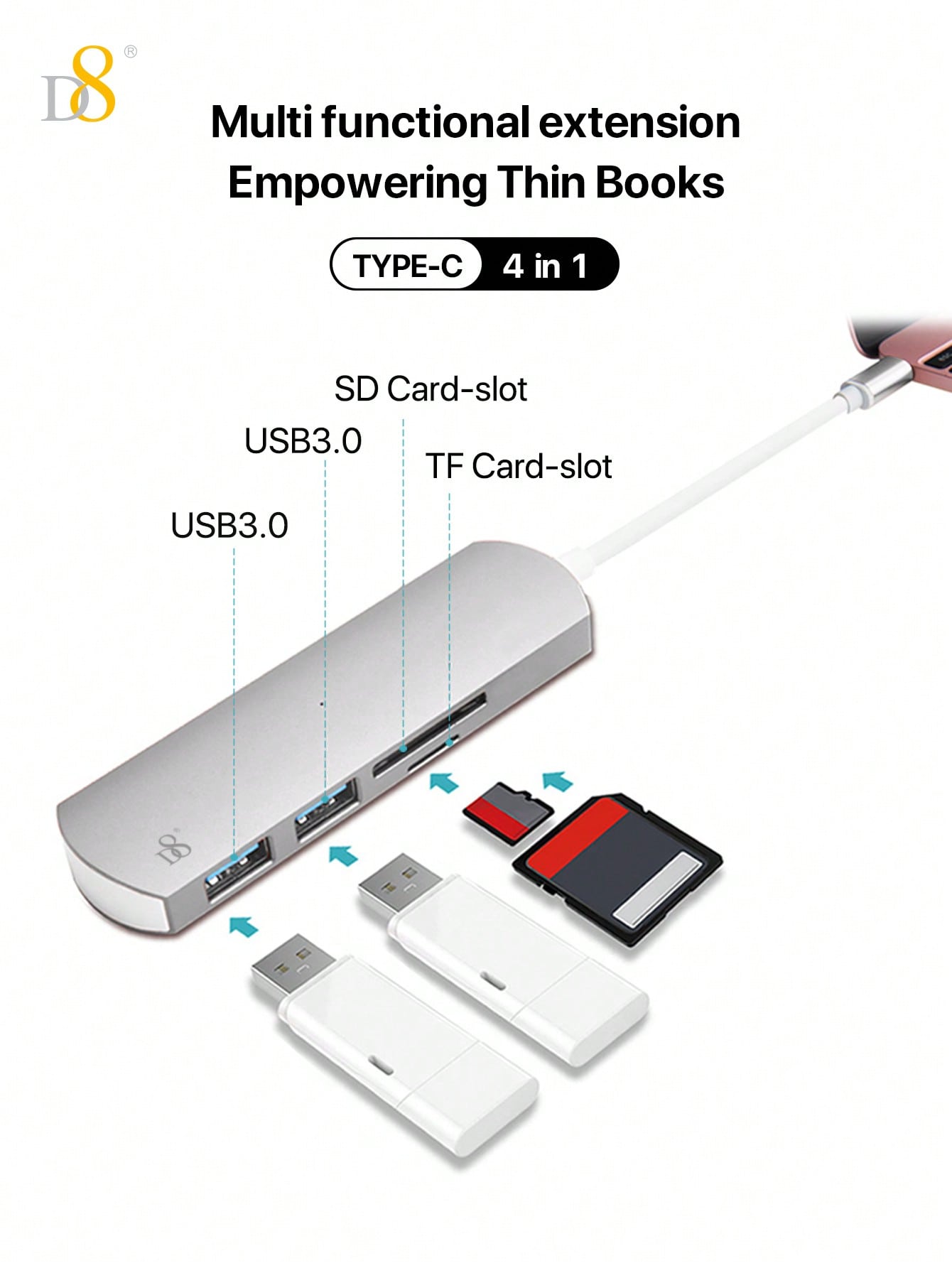 D8 4-in-1 USB C Hub - USB-C, 2 USB A 3.0, SD/TF Reader, 5Gbps, Aluminum Design