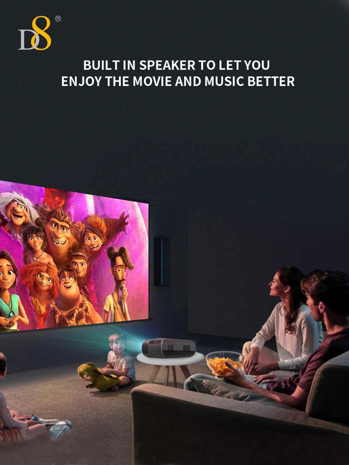 D8 High-Performance Projector – 5800 Lumens, 4K Support, Gaming Mode, 130" Screen