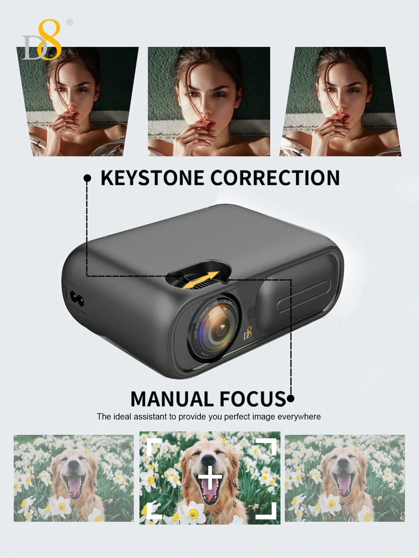 D8 High-Performance Projector – 5800 Lumens, 4K Support, Gaming Mode, 130" Screen