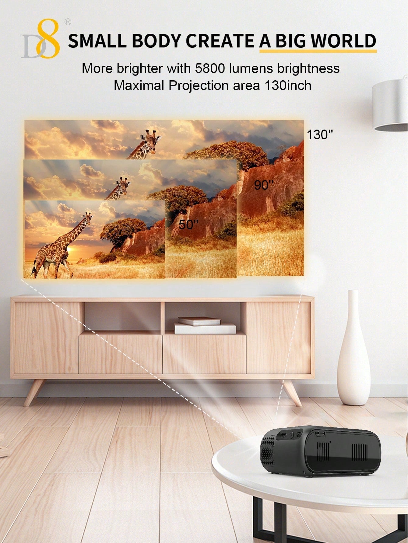 D8 High-Performance Projector – 5800 Lumens, 4K Support, Gaming Mode, 130" Screen
