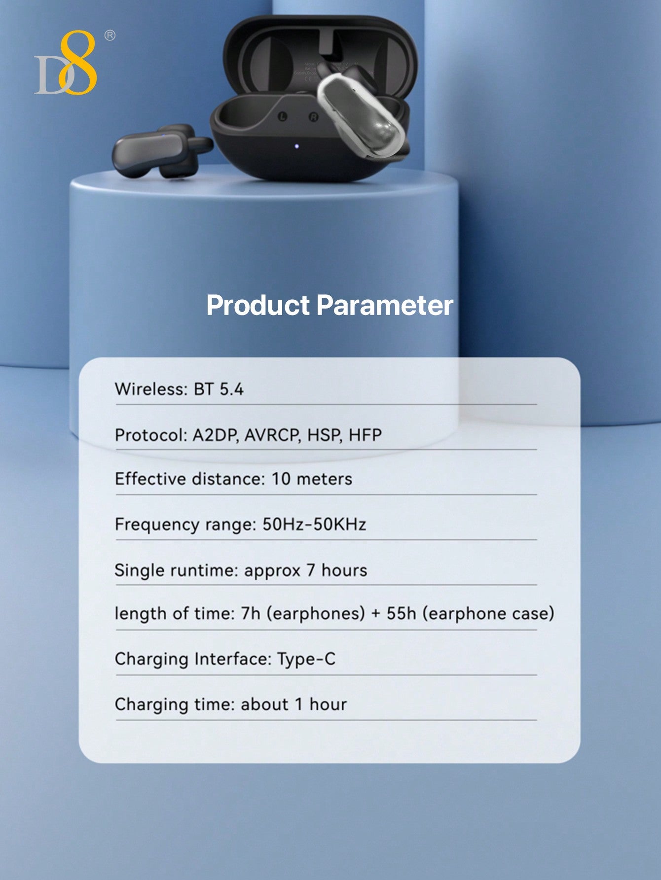 D8 Wireless Earbuds, 2024 Open Design, HiFi Sound, 55H Playtime, Type-C