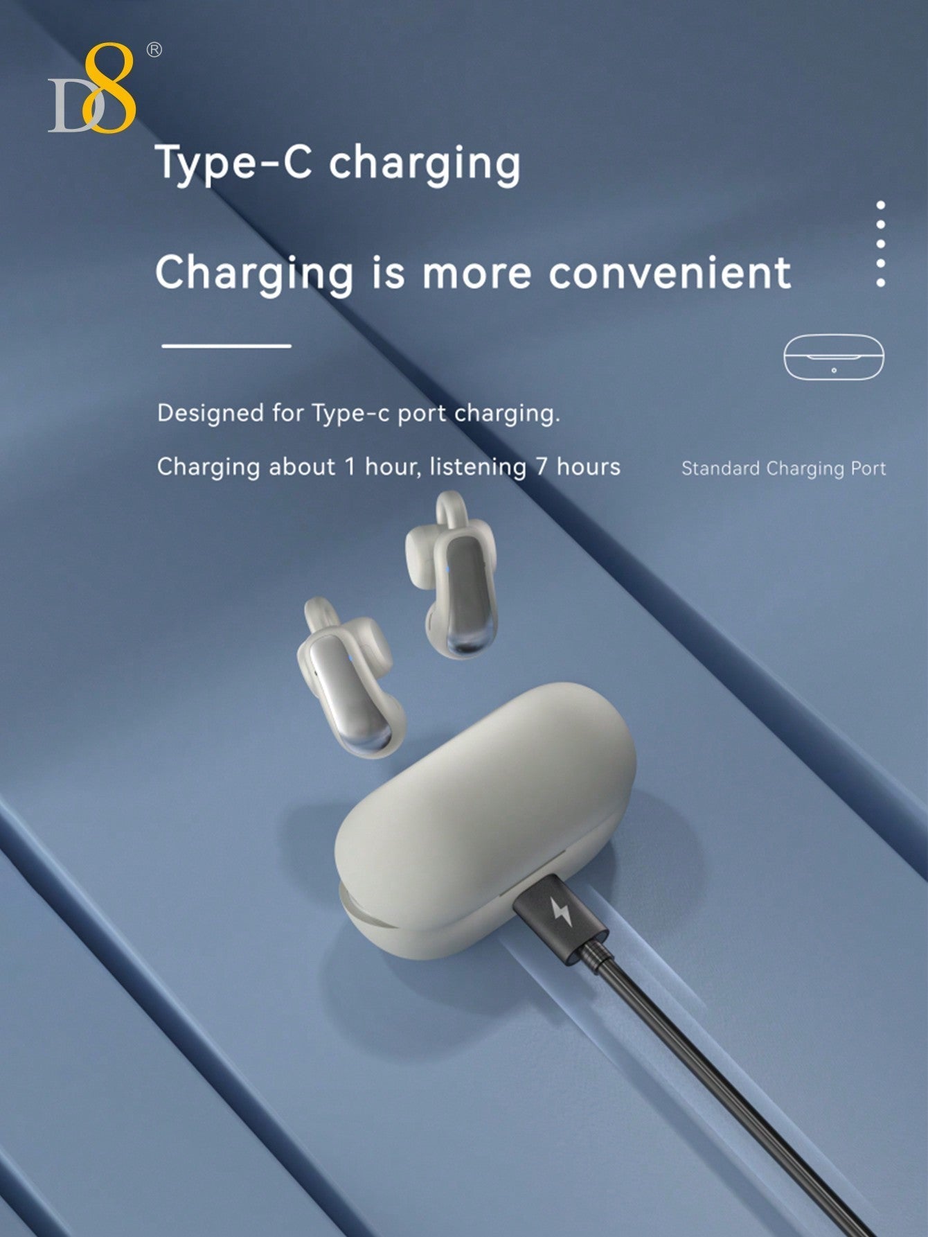 D8 Wireless Earbuds, 2024 Open Design, HiFi Sound, 55H Playtime, Type-C