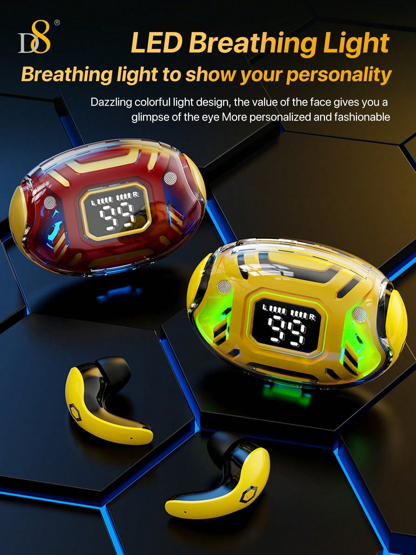 D8 Gaming Headset - HiFi Sound, LED Mic, 24H Playtime for Gaming & Sports
