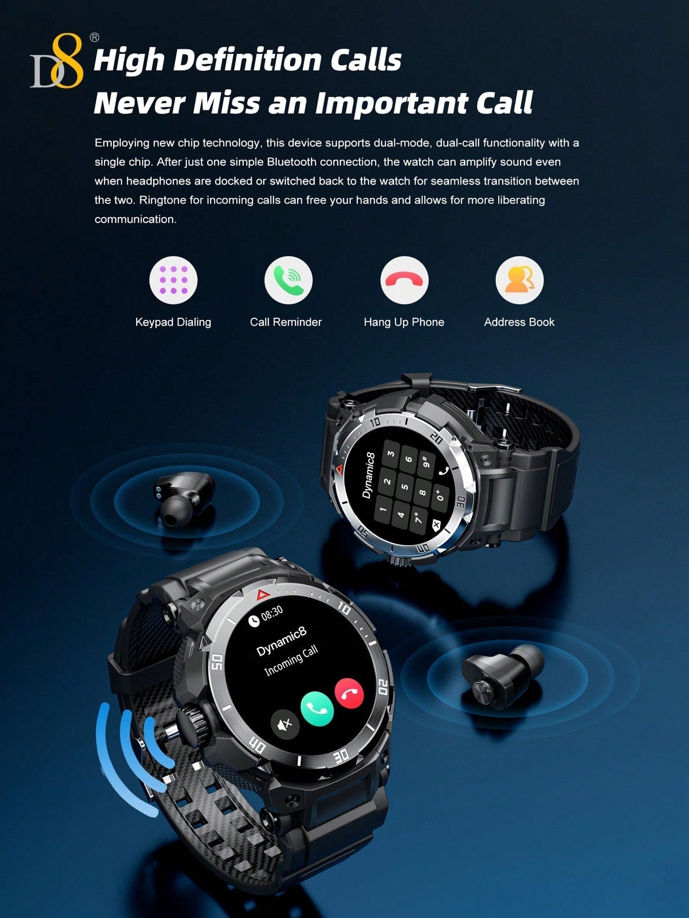 D8 Smartwatch with Earbuds, 1.46" HD, 110+ Fitness Modes, Android/iOS
