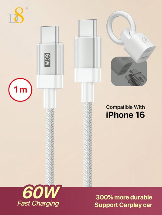 D8 USB-C Cable with Keychain, 60W Fast Charge, Nylon Braided, iPhone/Galaxy
