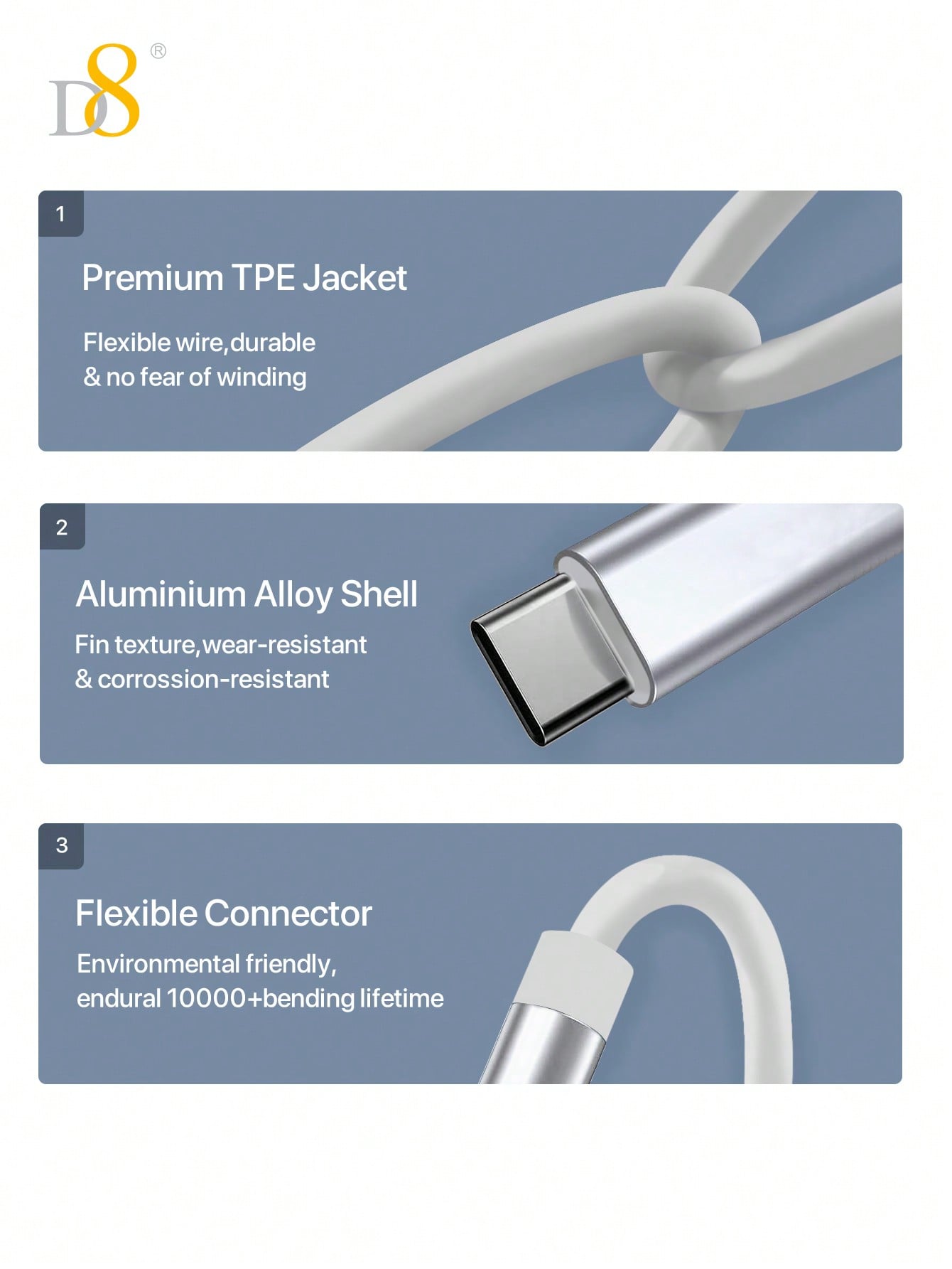 D8 USB-C to 3.5mm Aux Cable, 3.3FT Fast Audio Dongle for iPhone/Android