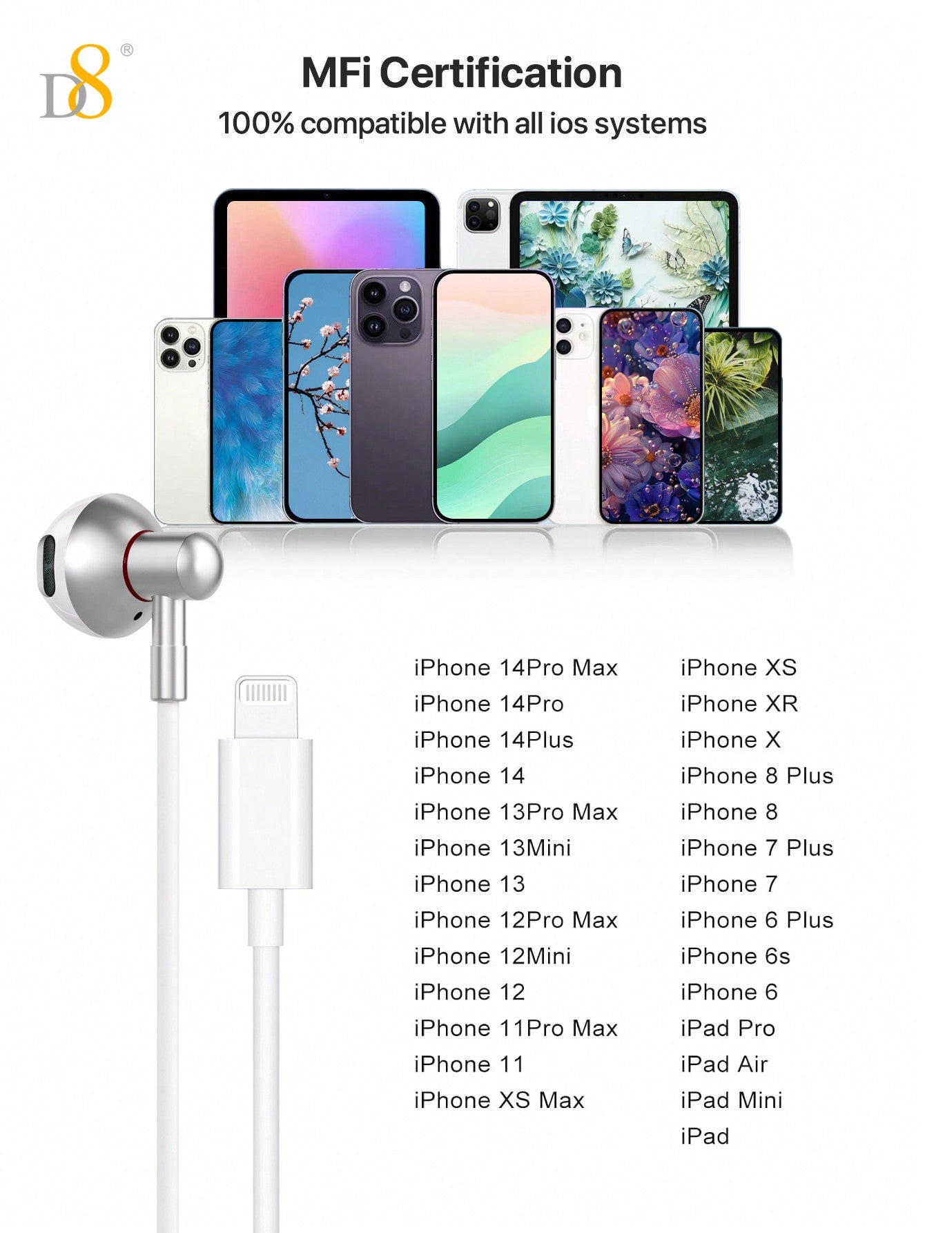 D8 Lightning Headphones, Wired In-Ear, Mic, for iPhone/iPad Lightning Devices