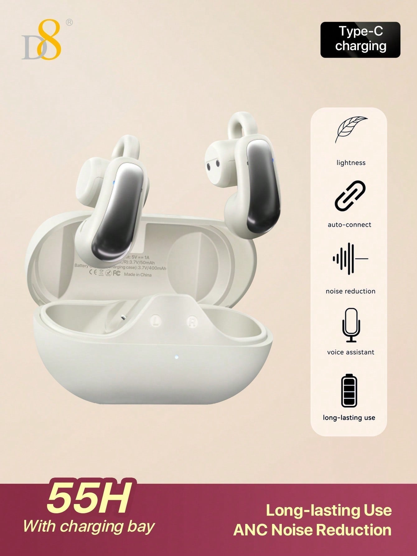 D8 Wireless Earbuds, 2024 Open Design, HiFi Sound, 55H Playtime, Type-C