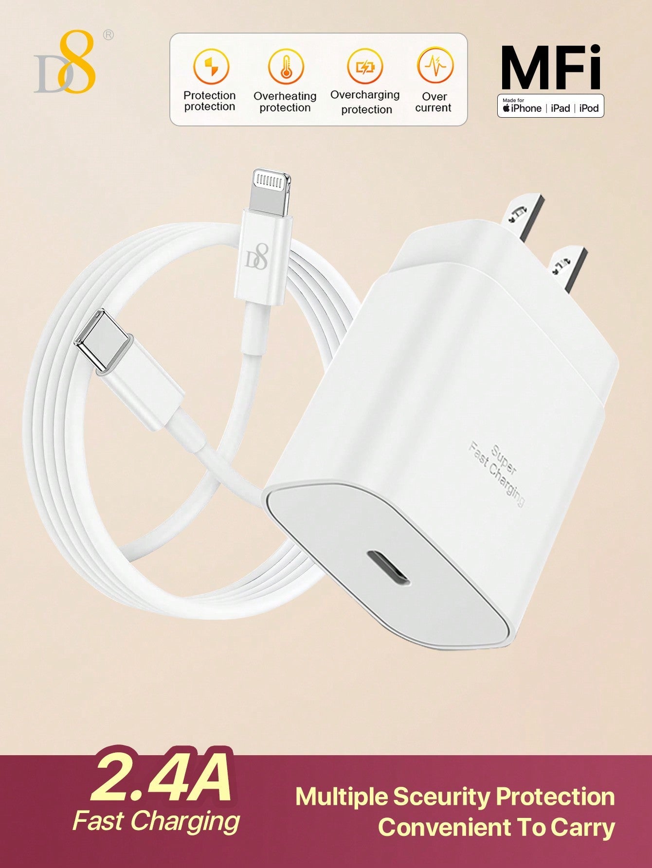 D8 25W Fast Charger & 3.3FT MFi Certified USB C Cable for iPhone & iPad