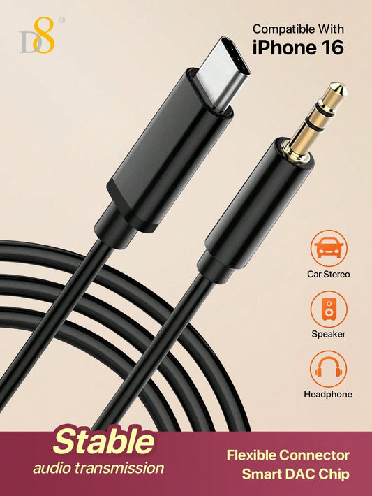 D8 USB-C to 3.5mm Aux Cable, 3.3FT, for iPhone/Galaxy/Pixel/iPad, Car Stereo