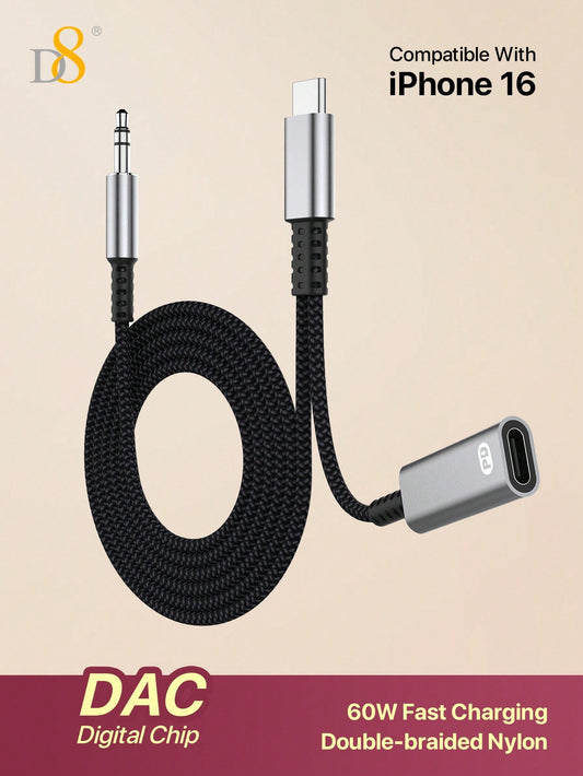 D8 USB-C to 3.5mm Aux & Charger, 2-in-1, 60W PD, for iPhone/Galaxy/Pixel