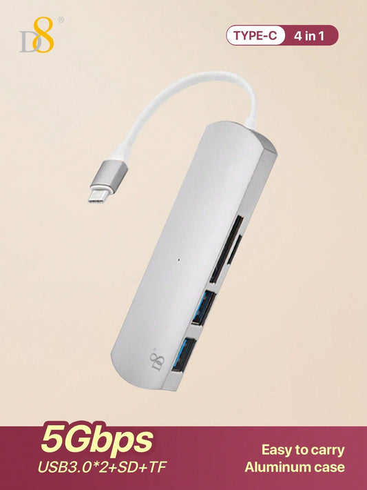 D8 4-in-1 USB C Hub - USB-C, 2 USB A 3.0, SD/TF Reader, 5Gbps, Aluminum Design