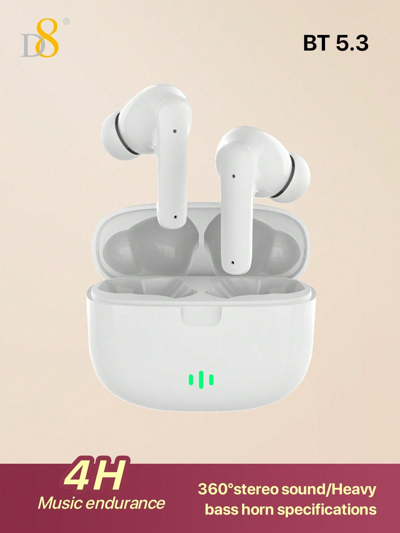 D8 Wireless Earbuds, Stereo Bass, 13mm Drivers, 4H Play, USB-C Charging