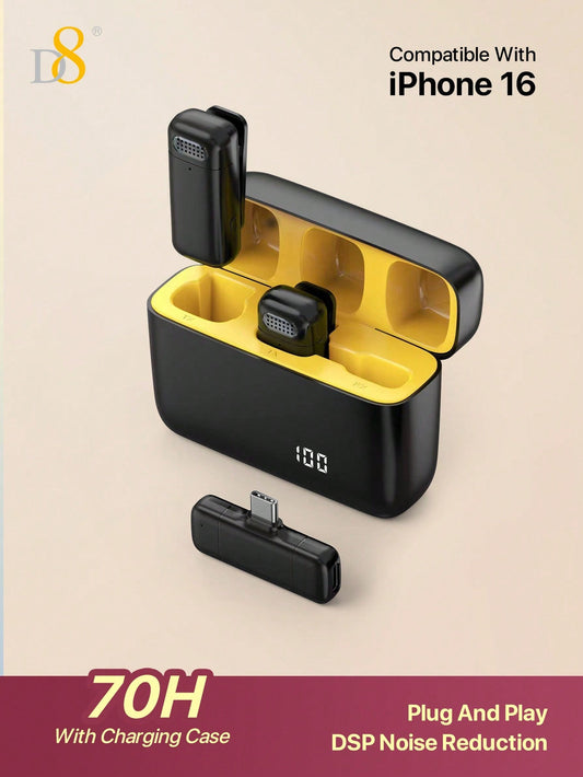 D8 Wireless Lavalier Mic, USB-C, 2-in-1, 70H Battery, With Charging Case